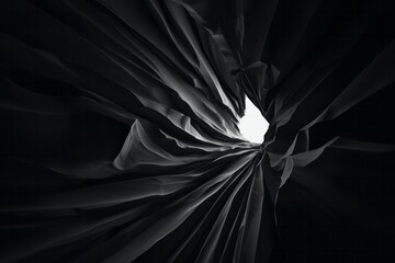 Dark swirling fabric tunnel with bright light at the end.