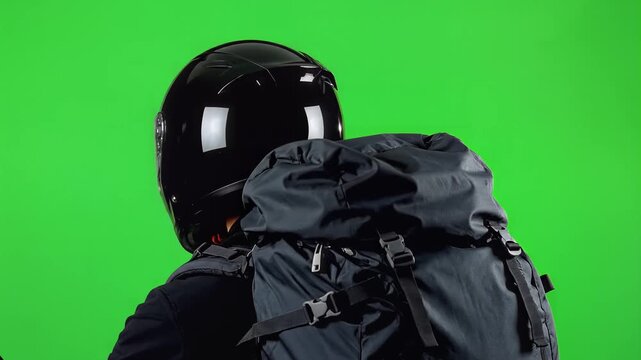 A person wearing a black motorcycle helmet and carrying a large backpack against a green screen.