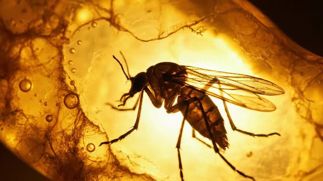 Ancient insect preserved in glowing amber