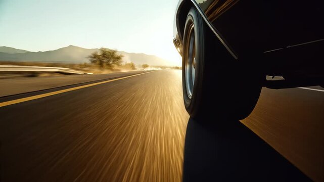 Rear view of a car's wheel speeding down a desert highway at golden hour.