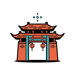 Temple gate lanterns: Traditional Chinese archway with decorative lanterns and ornamentation . Lunar New Year Decorations - Flat Style Illustration