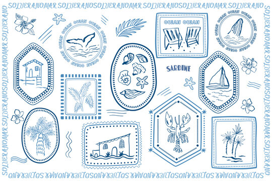 Hand drawn summer beach stamps, frames and elements. Cute coastal vacation collection of graphics. Beach houses, palm trees, lobster, boat and shells. Vector illustration set in sketch style.