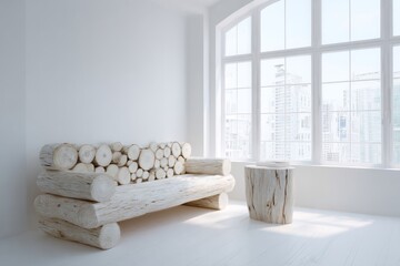 Rustic log furniture sits near a large window with city view.