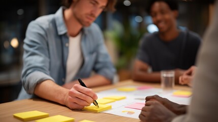 A creative workshop setting where team members brainstorm ideas while working on a brand strategy, showcasing sticky notes, charts, and collaborative tools that enhance brand development and