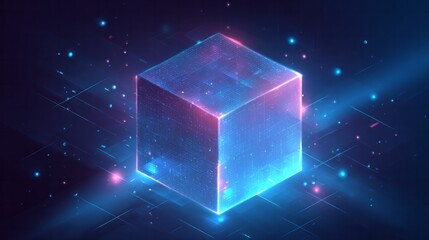 Glowing holographic cube with digital data and particles in dark background.