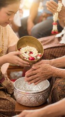 Traditional ritual with flowers and blessings.