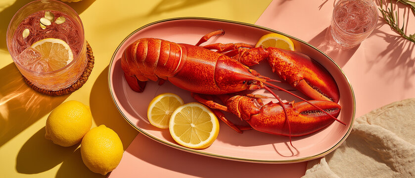 A vibrant lobster dish garnished with lemon slices, paired with a refreshing pink drink, set on a bright background for a summery dining experience.