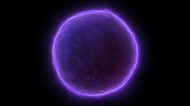Energy plasma orb. Moving banner with gradient neon glowing magic sphere with purple and blue shiny waveforms and particles. Dark alpha channel for overlay effect. Realistic graphic animated footage