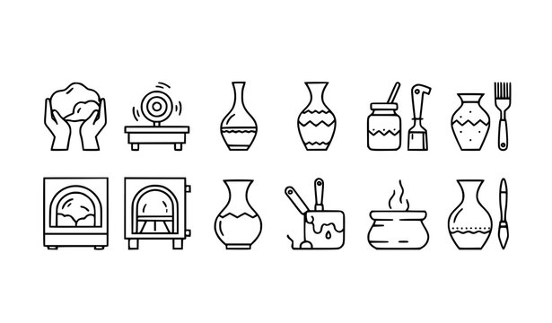 Modern pottery and ceramics clay art process thin-line vector icon set