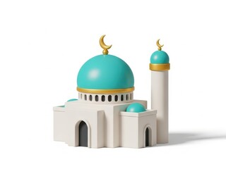 A detailed 3D model of a mosque with a turquoise dome and minaret against a white background