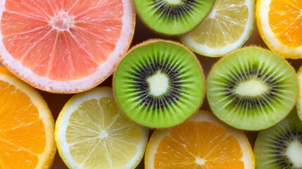 Fototapeta premium Fresh and Colorful Variety of Sliced Fruits Including Citrus and Kiwi on Vibrant Background for Healthy Food and Nutrition Concepts