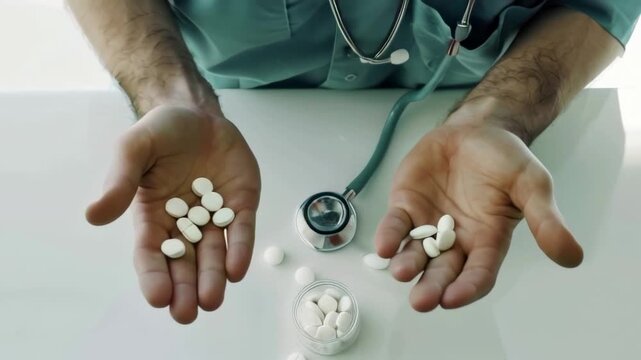 A slow motion video captures a caring doctor gently handing pills to a patient, symbolizing compassion, trust, professional medical support in the healing process.