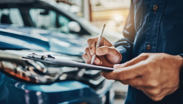 中古車の査定チェックシートに記入する査定士の手元