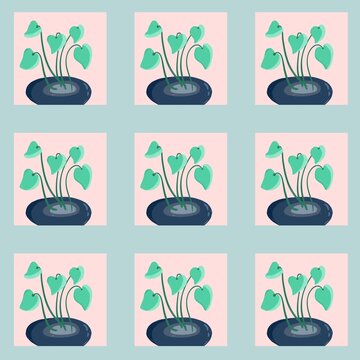 set of green plants, background blue,  Hend drawn
