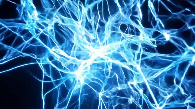 Chaotic lightning bolts and neural network connections. Abstract brain synapses or magic power sphere animation on black.