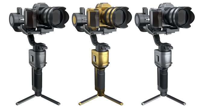 3-axis gimbal stabilization system with nonexistent mirrorless camera on white