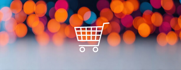 White Shopping Cart Icon on Colorful Festive Bokeh Lights World Consumer Rights Day Consumer Protection Concept Consumer Rights Spotlight