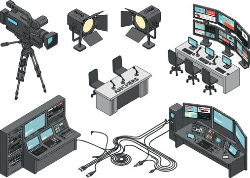 Broadcast Studio isometric icons illustration set for film production and video recording