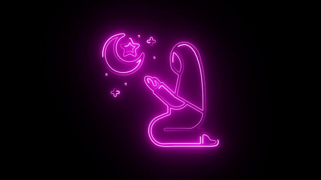 Neon glowing hand making dua prayer gesture with digital clock and crescent moon in dark purple background