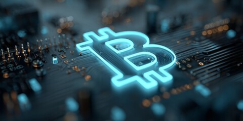 Glowing currency symbol illuminates a digital circuit board.