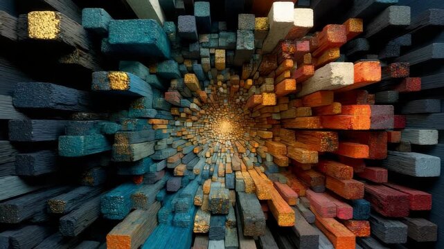 Abstract image of multicolored wooden blocks arranged in a radial tunnel pattern, with a textured artistic style on dark gradient background