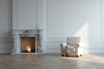Elegant white armchair sits near a classical marble fireplace with a warm fire.
