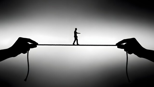 Balancing act a lone figure walks a tightrope held by two hands, symbolizing risk and precarious equilibrium
