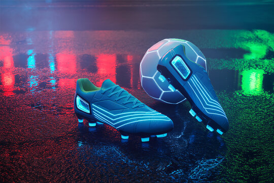 Futuristic Glowing Soccer Ball and Cleats with Neon Blue and Pink Lighting on Dark Background