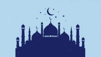 Elegant silhouette of a mosque against a soft blue backdrop under a starlit crescent moon sky