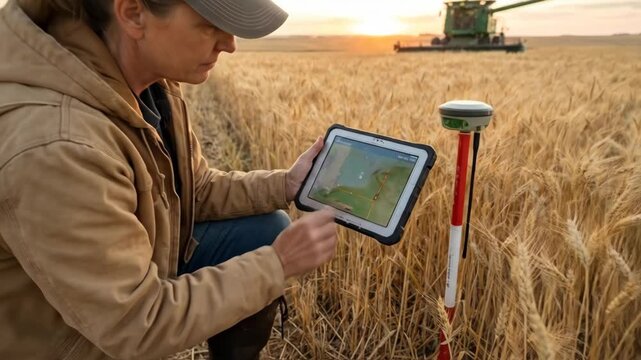 Female farmer in brown jacket uses tablet to monitor crop data in golden wheat field with combine harvester working in the background during sunset