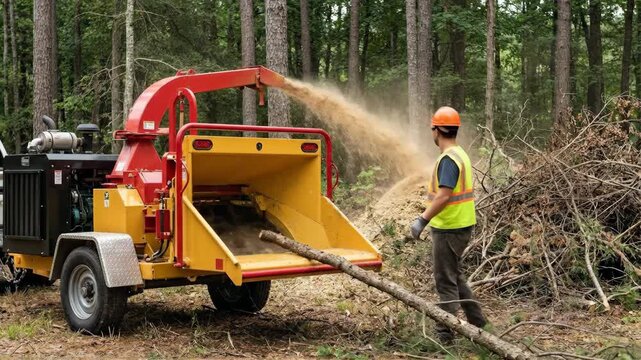 Male worker in safety gear feeds branches into wood chipper, with wood chips and dust flying from the machine in a forested area surrounded by trees