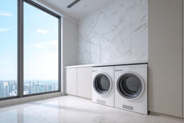 Modern laundry room with appliances and city view.