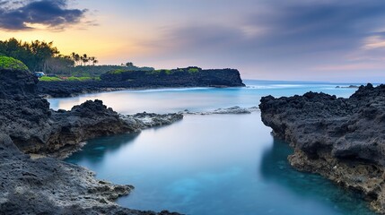 tide. Ocean waves wash over smooth black volcanic rocks at sunset, creating glossy reflections. inspiring travel planning, travel magazines, designed for travel destination branding.