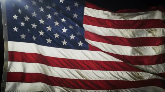 Extreme close-up video of a large, weathered American flag slowly undulating, intense spotlights casting dramatic high-contrast chiaroscuro on a black background, showcasing solemn beauty. Concept of