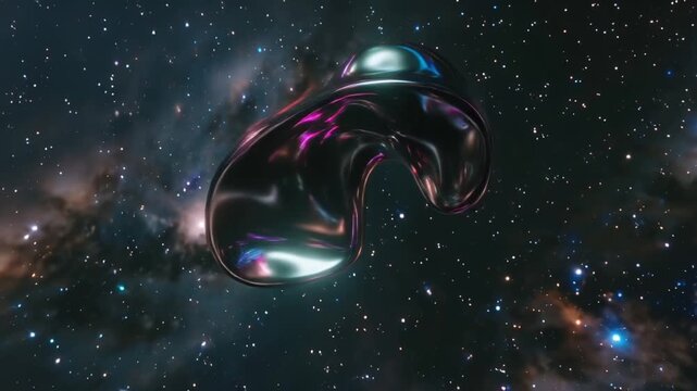 3D abstract liquid metal blob, morphing pulsating zero gravity organic movements, reflective chrome surface neon pink, blue purple floating cosmic space filled galaxies, stars nebula clouds, cinematic
