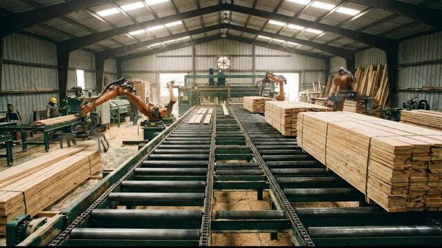 Industrial wood processing facility with robotic arms moving lumber along conveyor belts, stacks of finished planks visible in a spacious workshop environment