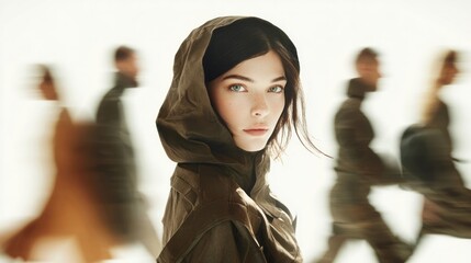 Woman in hooded jacket looks thoughtfully ahead, other figures blur behind her.