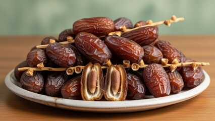 An exquisite display of Medjool dates presented on a rustic white ceramic plate with a natural