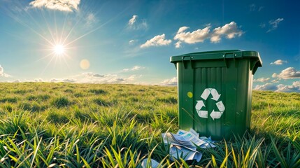 Green recycling bin filled with bottles on a grassy mountain hill, symbolizing sustainability, nature protection, and environmental responsibility.