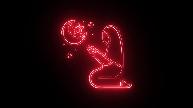 Neon glowing hand making dua prayer gesture red light Islamic spirituality digital art minimalist background worship concept