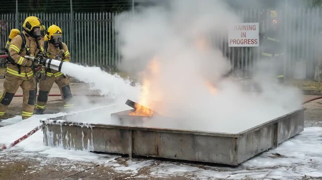 Firefighters in protective gear extinguish flames with a hose during training, surrounded by smoke and foam in a controlled outdoor environment