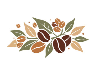 Coffee beans surrounded by leaves and coffee grains in a beautiful illustration from a close-up viewpoint