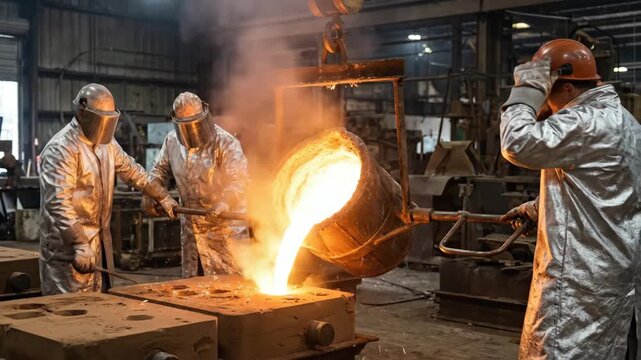 Group of workers in protective gear pouring molten metal from a ladle into molds in a foundry, showcasing the intense heat and industrial environment