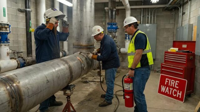 Two male workers in safety gear welding a metal pipe while a third worker observes with a fire extinguisher in a well-lit industrial facility