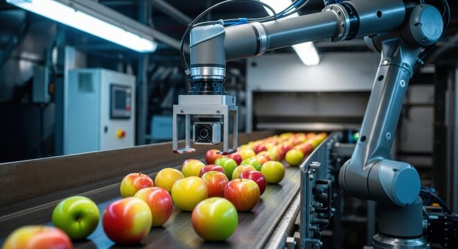 Industrial robotic arm inspects fresh apples on a conveyor belt in a food processing plant, ensuring quality control and automated production.