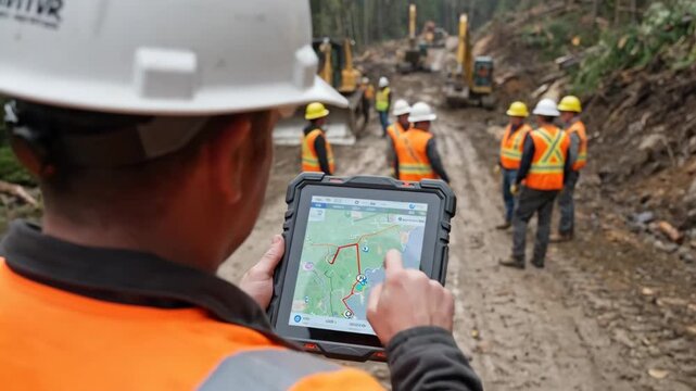 Group of construction workers in safety gear discussing project plans using a tablet on a muddy logging road surrounded by trees and heavy machinery in a forested area