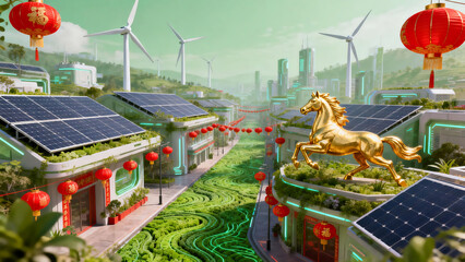 Green Future Spring Festival Environmental Protection Theme Illustration,Year of The Horse.