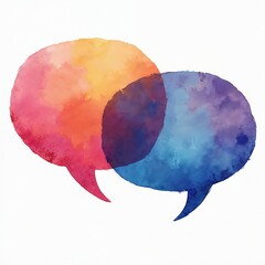 Fototapeta premium Two colorful watercolor speech bubbles overlap against white background. Red orange bubble intersects with blue purple bubble. Abstract shapes suggest conversation, ideas, and dialogue.