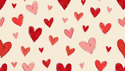 Red and pink hearts hand-drawn pattern on beige backdrop. Small and large hearts repeat in soft illustration style. Ideal for valentines, cards, or cute web design elements.