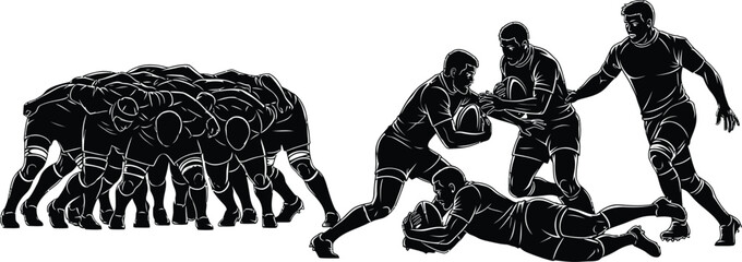 Fototapeta premium Rugby players illustrate a powerful scrum formation and dynamic tackling action during a tough match sequence.